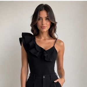Tea &‎ Cup Black One Shoulder Ruffle Bodysuit TC-9610 Size L